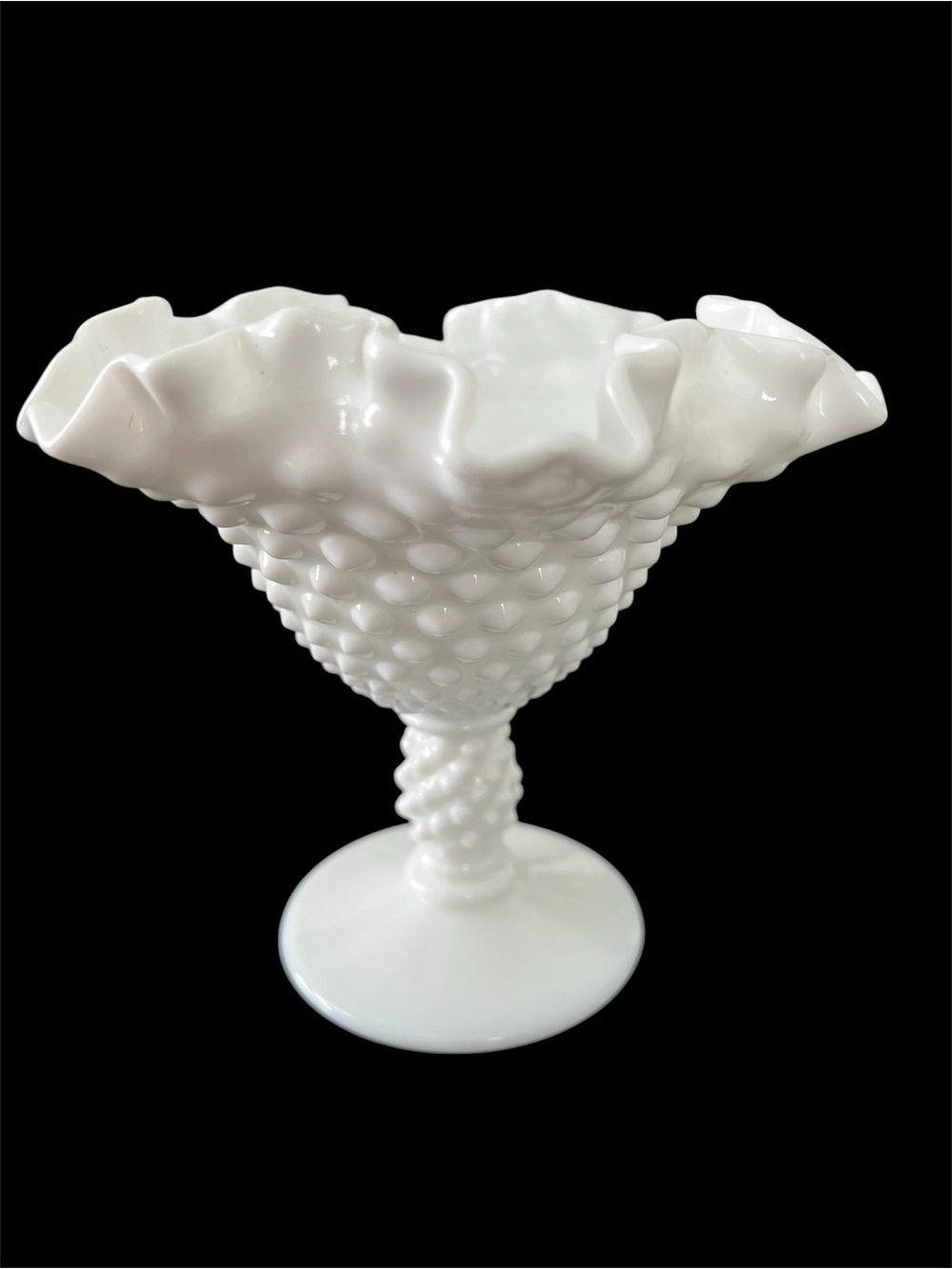 Vintage Fenton White Hobnail Milk Glass Ruffled Compote Candy Dish